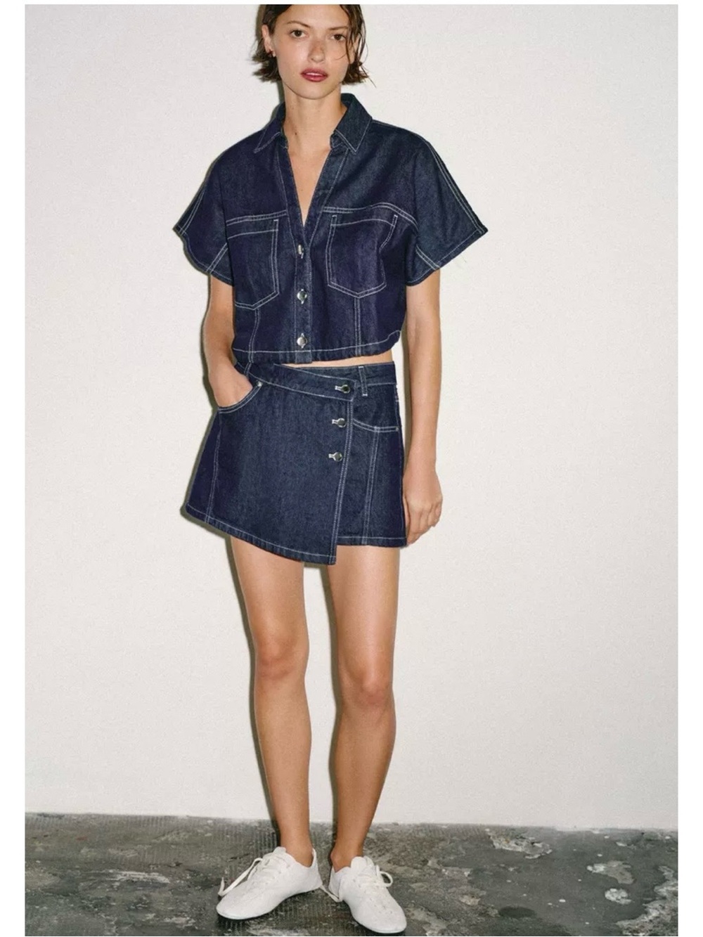 Zara Dark Denim Two-Piece Pantsuit Set - Navy Blue